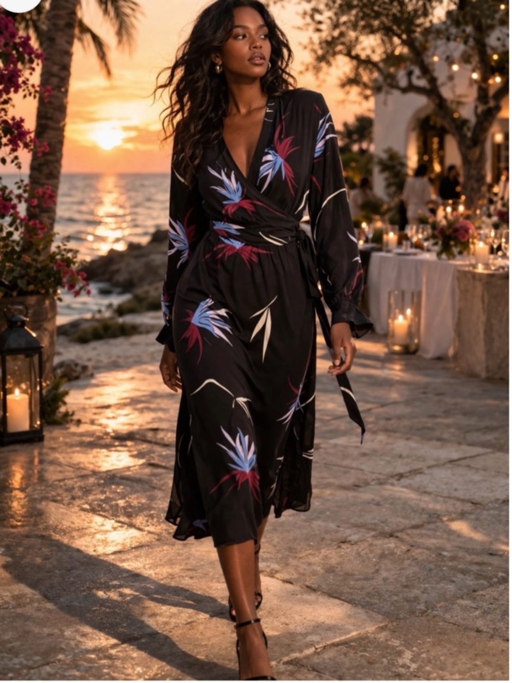YaYa Aflalo Black Wrap Midi Dress with Blue and Red Tropical Print